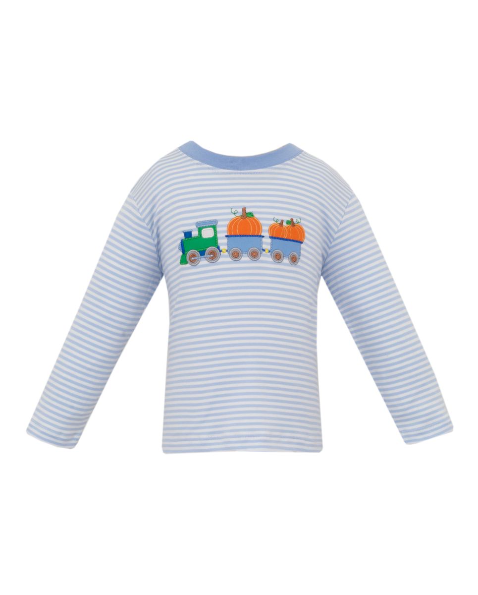 Claire & Charlie Boys Blue Striped Pumpkin Train Shirt by Claire & Charlie