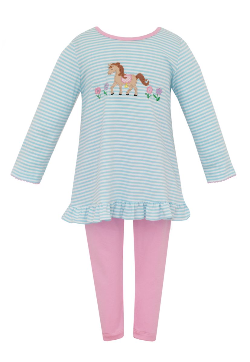 Claire & Charlie Girls Aqua Striped Horse Tunic Top with Pink Leggings by Claire & Charlie