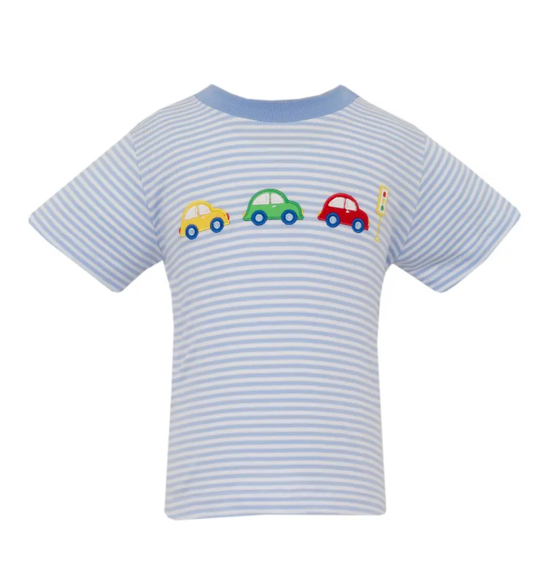 Claire & Charlie Boys Light Blue Striped Shirt - Appliqué Cars by Claire & Charlie