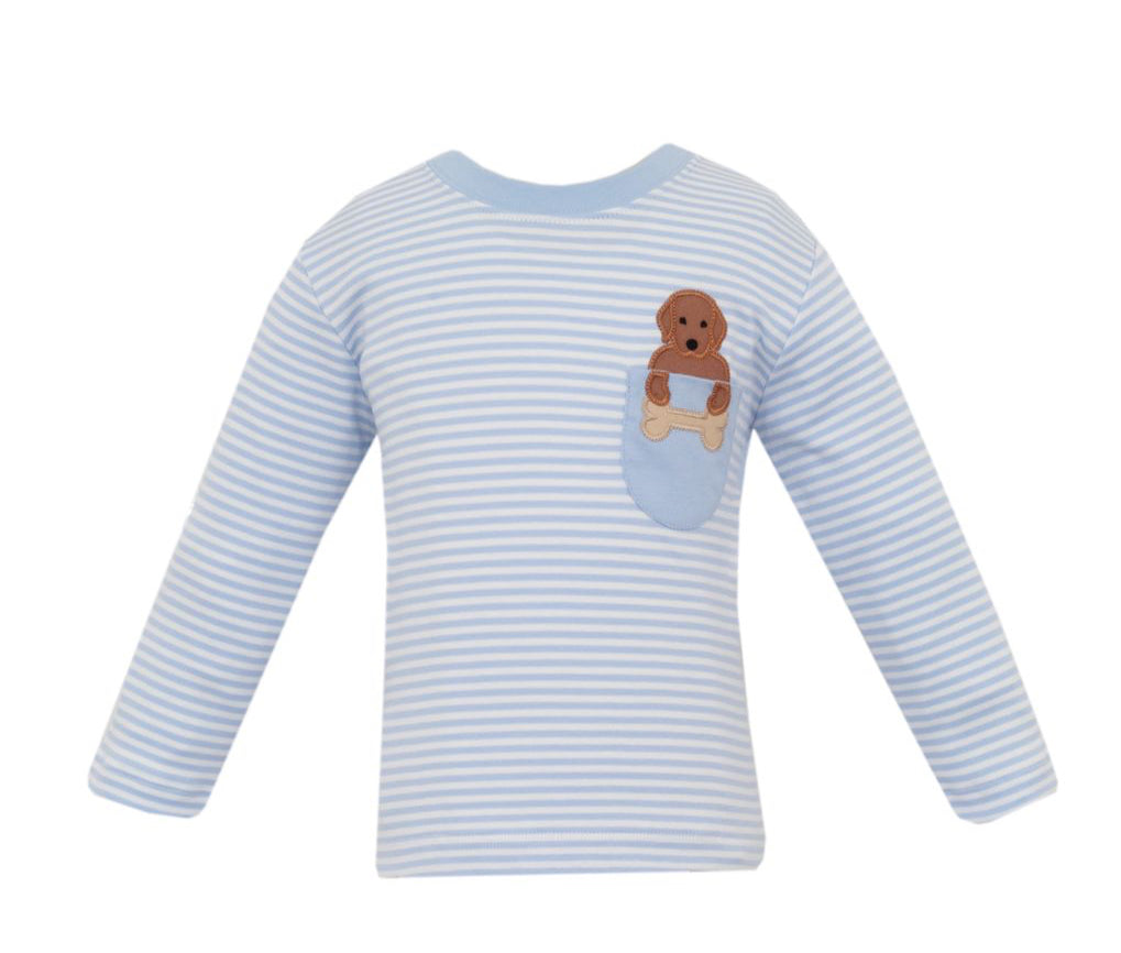 Claire & Charlie Toddler Boys Light Blue Striped Shirt - Labrador Dog in Pocket