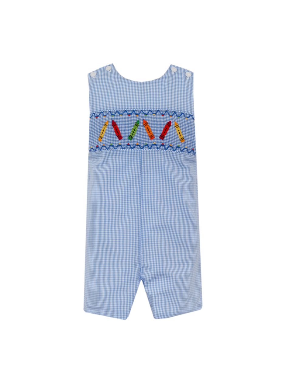 Anavini Velani Toddler Boys Periwinkle Blue Gingham Smocked Crayons Jon Jon