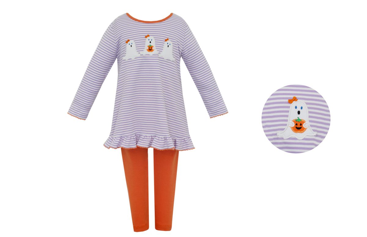Claire & Charlie Girls Lavender Striped Halloween Ghosts Tunic with Orange Leggings by Claire & Charlie