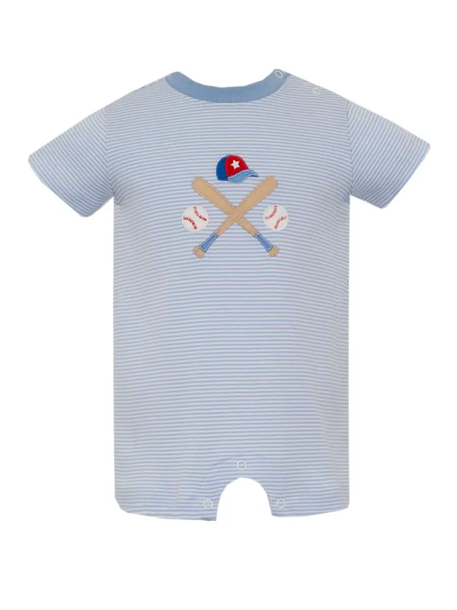 Claire & Charlie Baby Boys Light Blue Striped Romper - Baseball Theme by Claire & Charlie