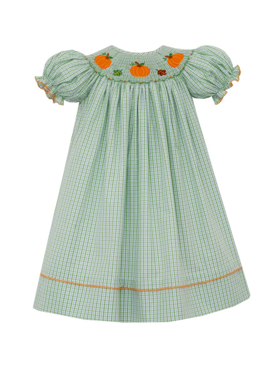 Anavini Velani Girls Green Check Smocked Pumpkins Bishop Dress 6M