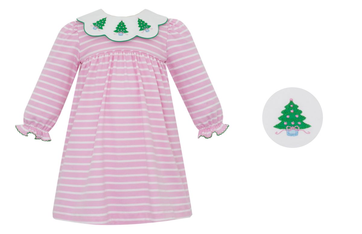Claire and Charlie Girls Pink and White Knit Dress with Christmas Trees 5