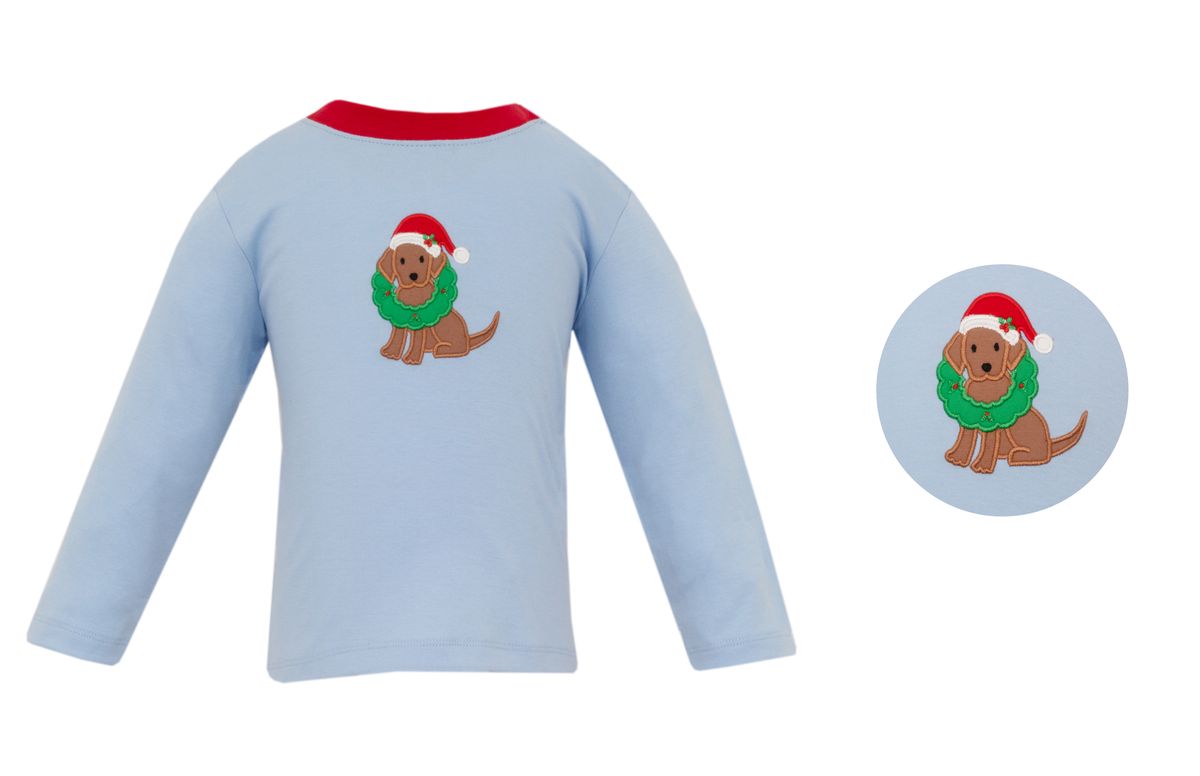 Claire and Charlie Boys Light Blue Santa Puppy Shirt by Claire & Charlie