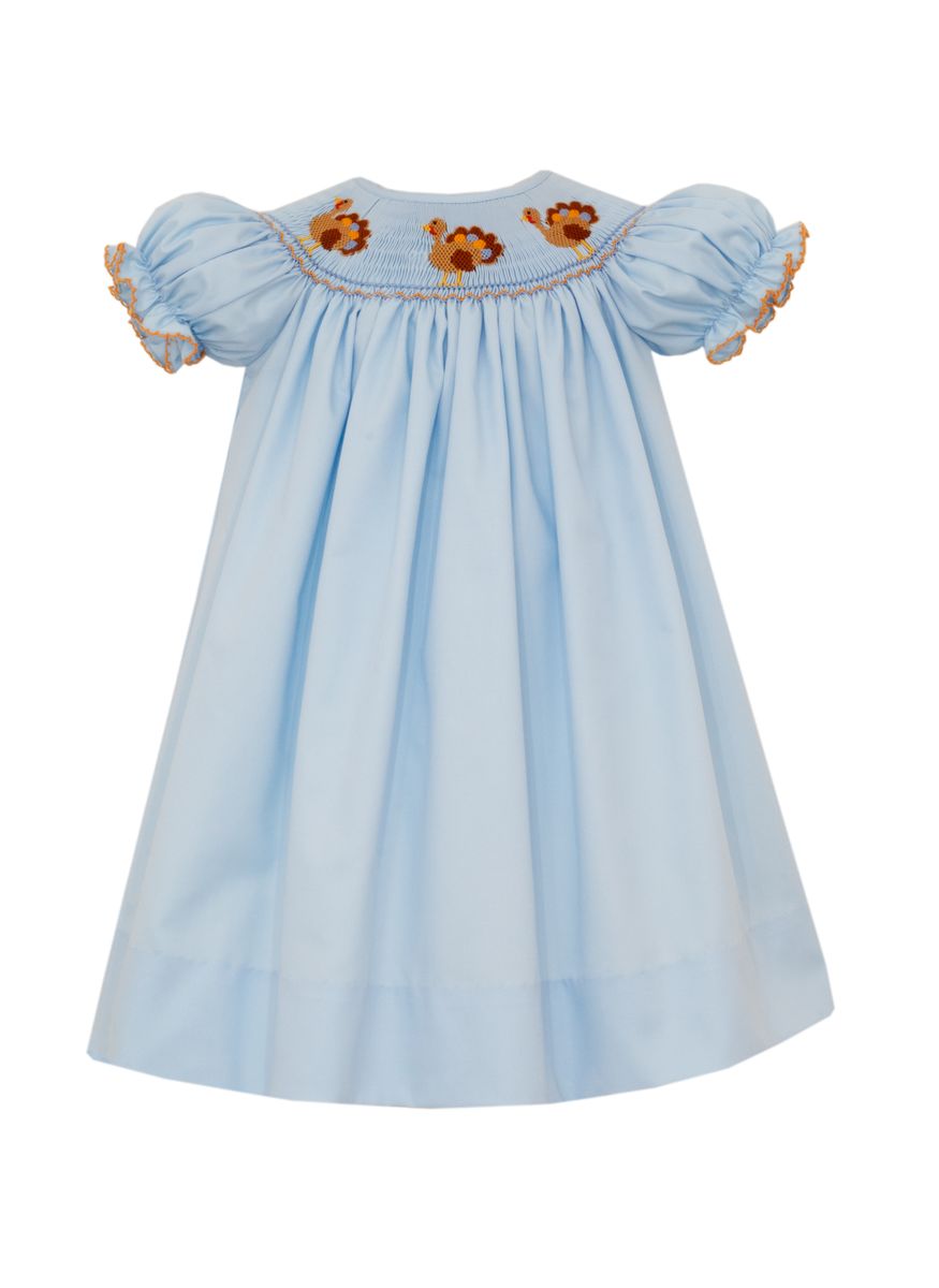 Anavini Velani Girls Light Blue Smocked Turkeys Bishop Dress