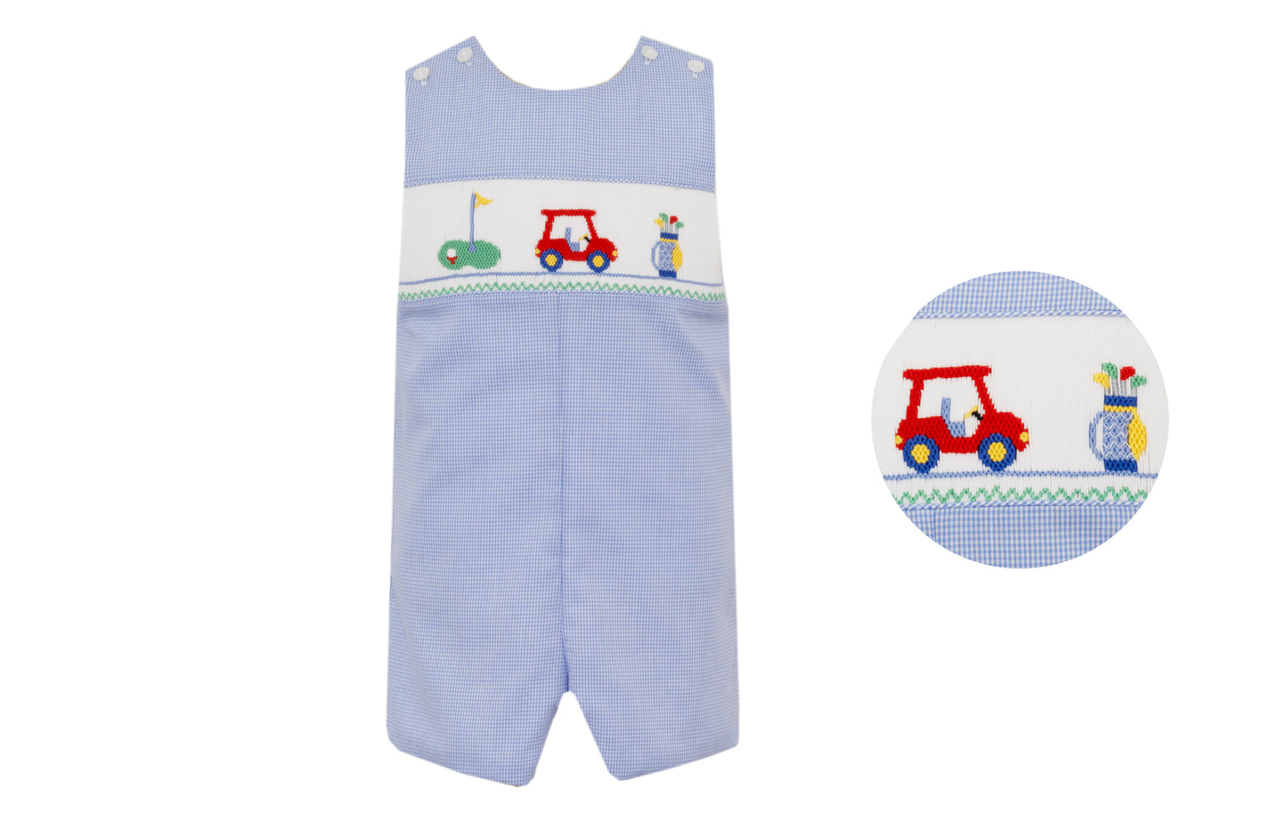 Anavini Velani Boys Blue Gingham Smocked Golf Jon Jon by Anavini