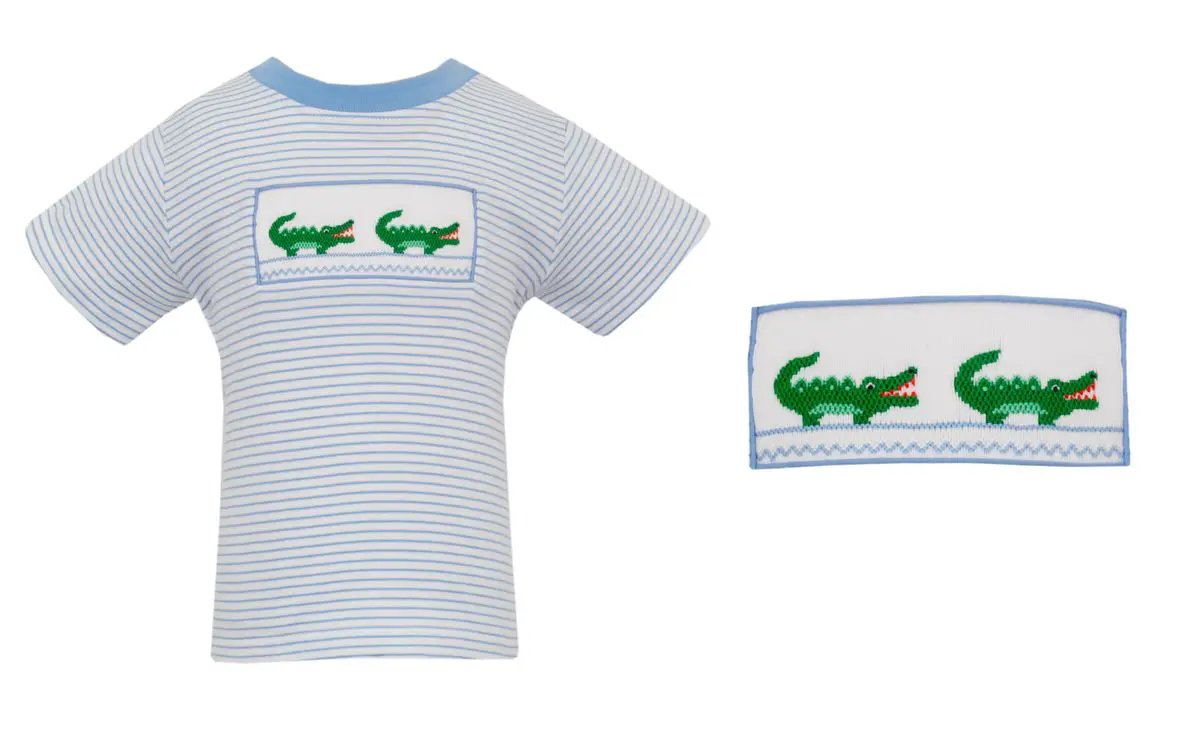 Anavini Boys Blue Striped Shirt - Smocked Green Alligators by Anavini