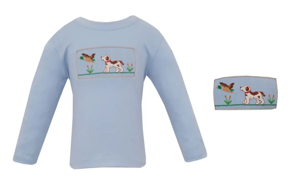 Anavini Boys Light Blue Knit Shirt - Smocked Hunting Dogs by Anavini