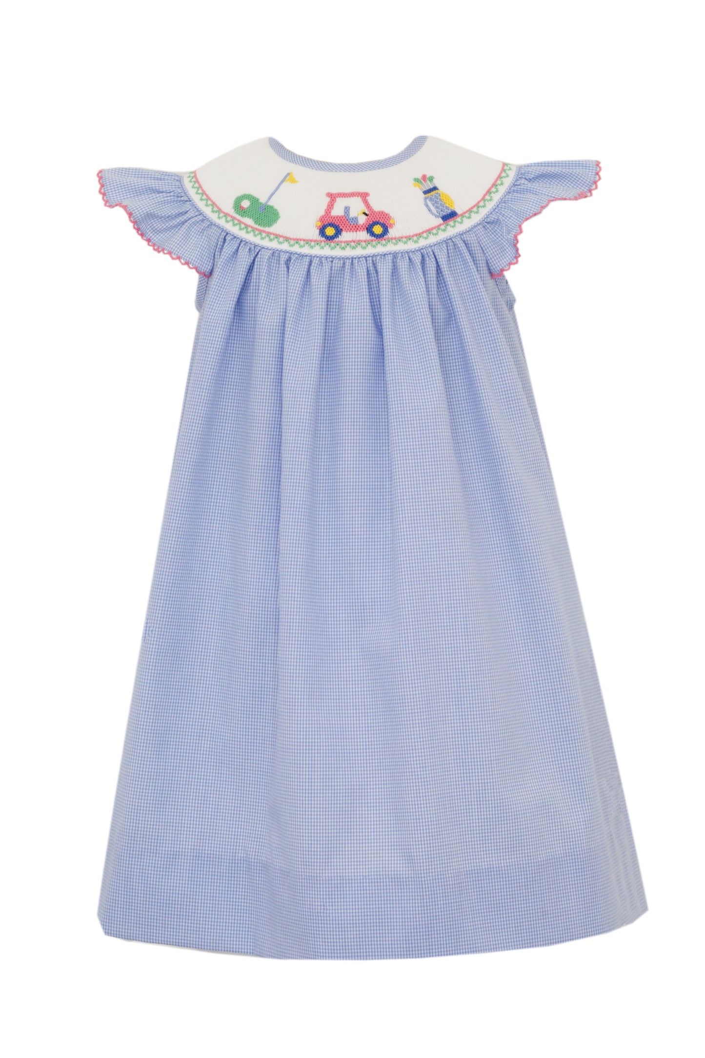 Anavini Velani Girls Blue Gingham Smocked Golf Bishop Dress