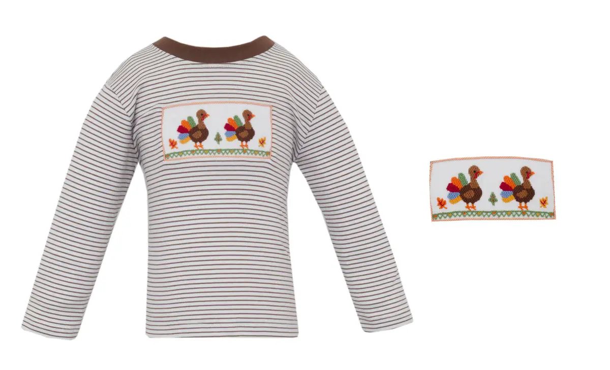 Anavini Velani Boys Brown Striped Shirt - Smocked Thanksgiving Turkeys by Anavini