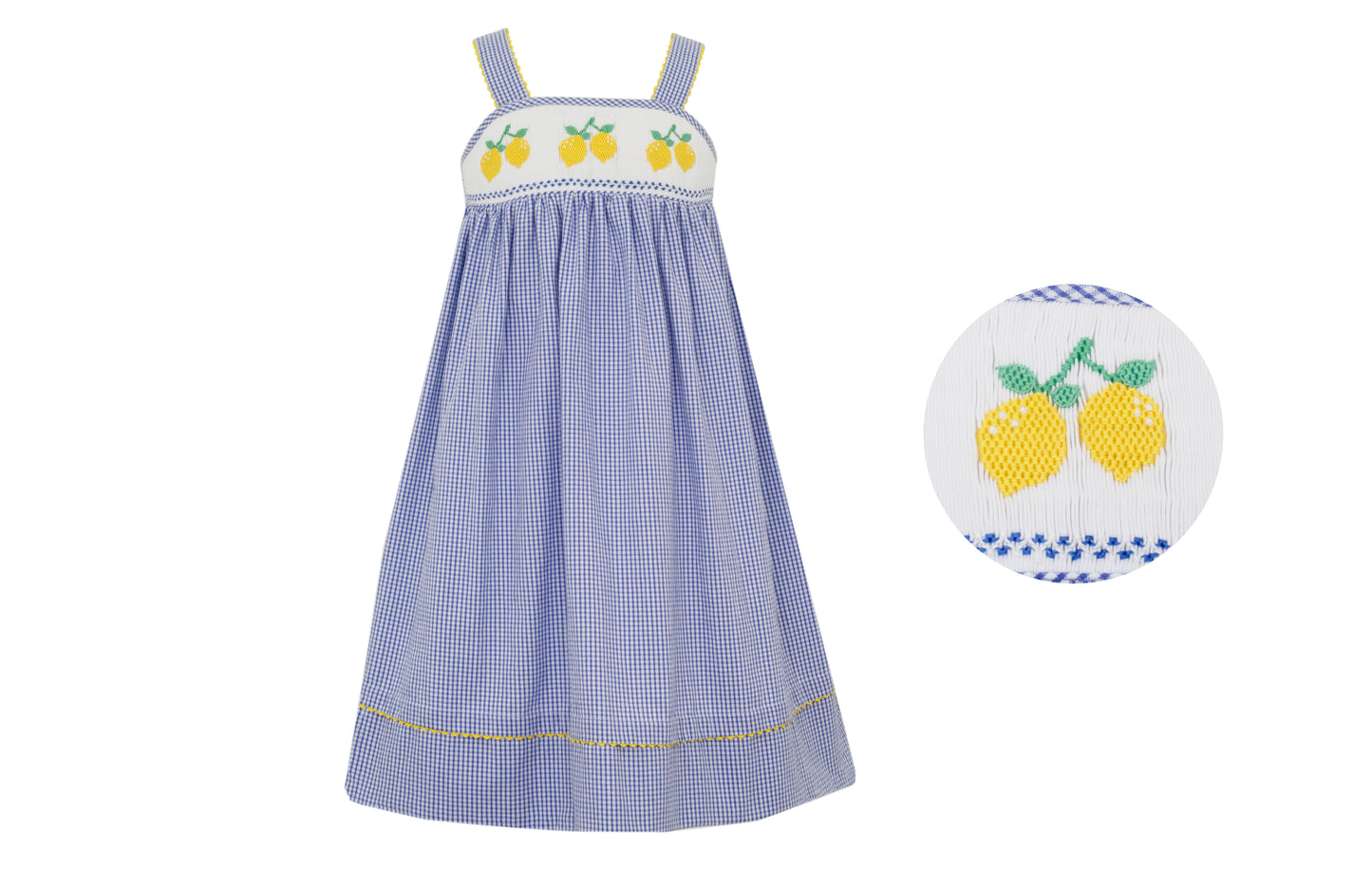 Anavini Velani Girls Royal Blue Gingham Seersucker Smocked Lemons Dress