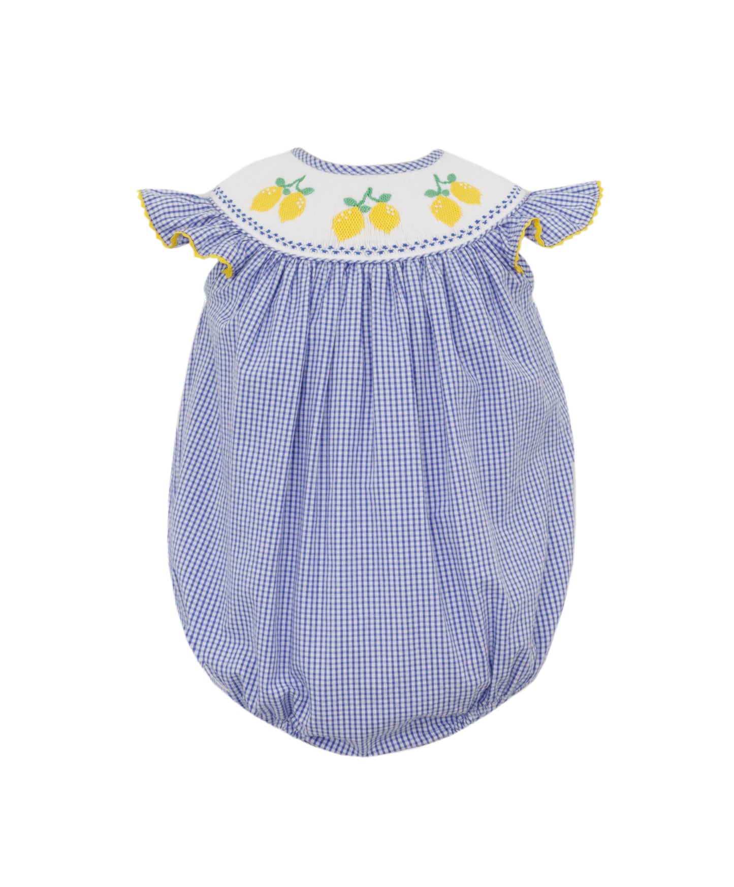 Anavini Velani Baby Girls Royal Blue Gingham Seersucker Smocked Lemons Bubble