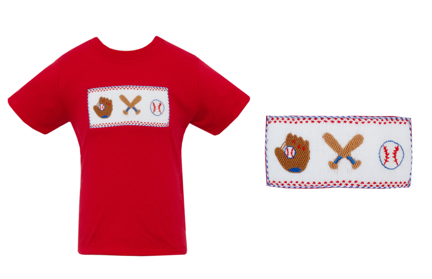 Anavini Velani Boys Red Tee Shirt - Smocked Baseball Theme