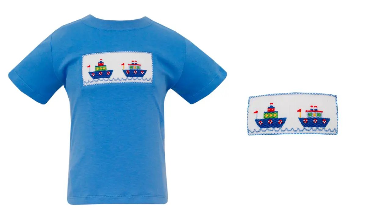 Anavini Toddler Boys Periwinkle Blue Shirt - Smocked Tugboats by Anavini