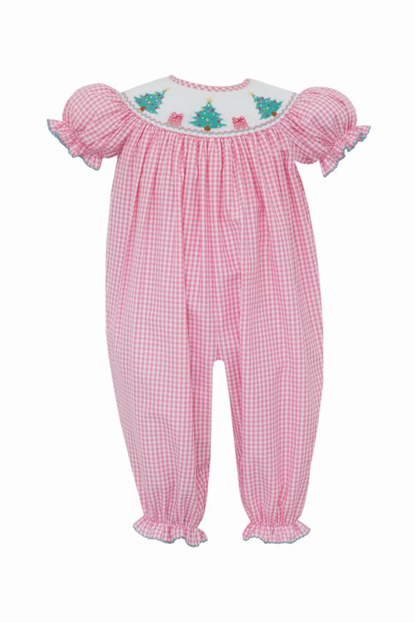 Anavini Girls Pink Gingham Smocked Christmas Trees Long Romper by Anavini