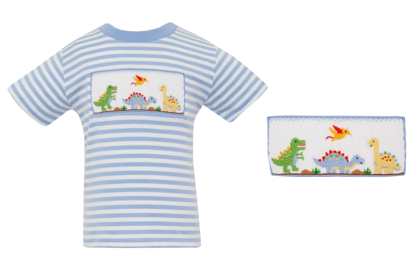 Anavini Velani Boys Light Blue Stripe Shirt - Smocked Dinosaurs by Anavini