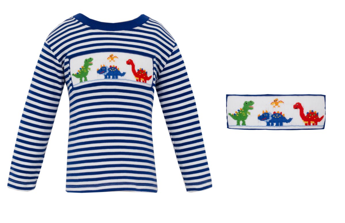Anavini Velani Boys Royal Blue Stripped Long Sleeved Shirt - Smocked Dinosaurs by Anavini