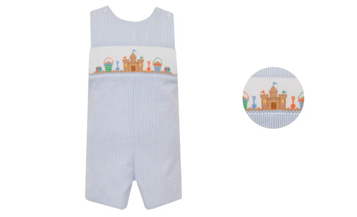 Anavini Boys Light Blue Seersucker Shortall - Beach Castle by Anavini