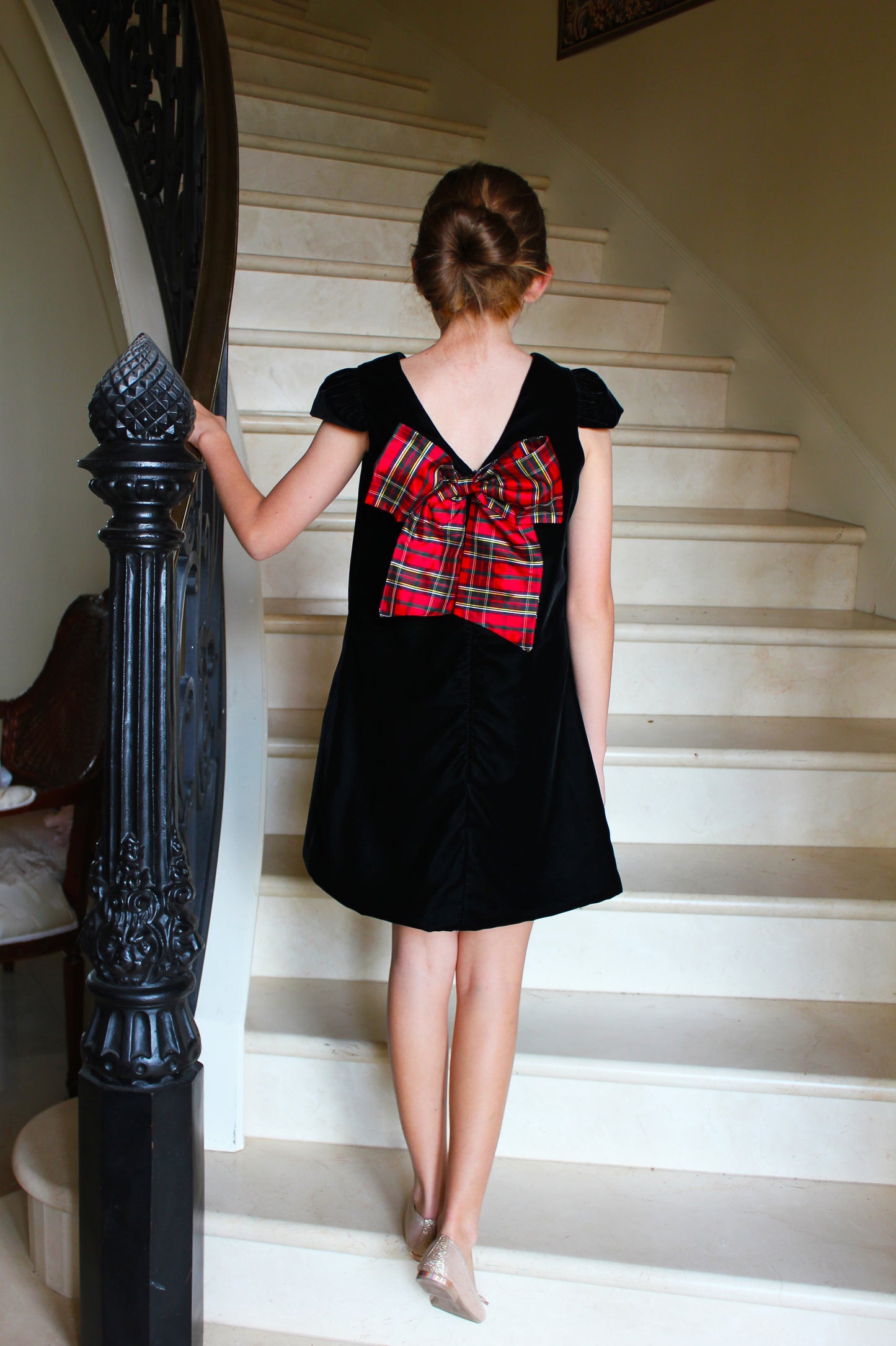 Susanne Lively Girls Velvet A-Line Dress - V-Back and Holiday Plaid Bow - Black by Susanne Lively
