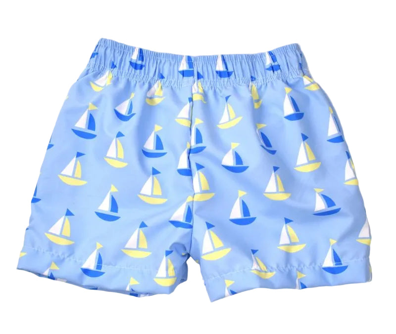 Funtasia Too Boys Swim Trunks - Blue Boats Print by Funtasia