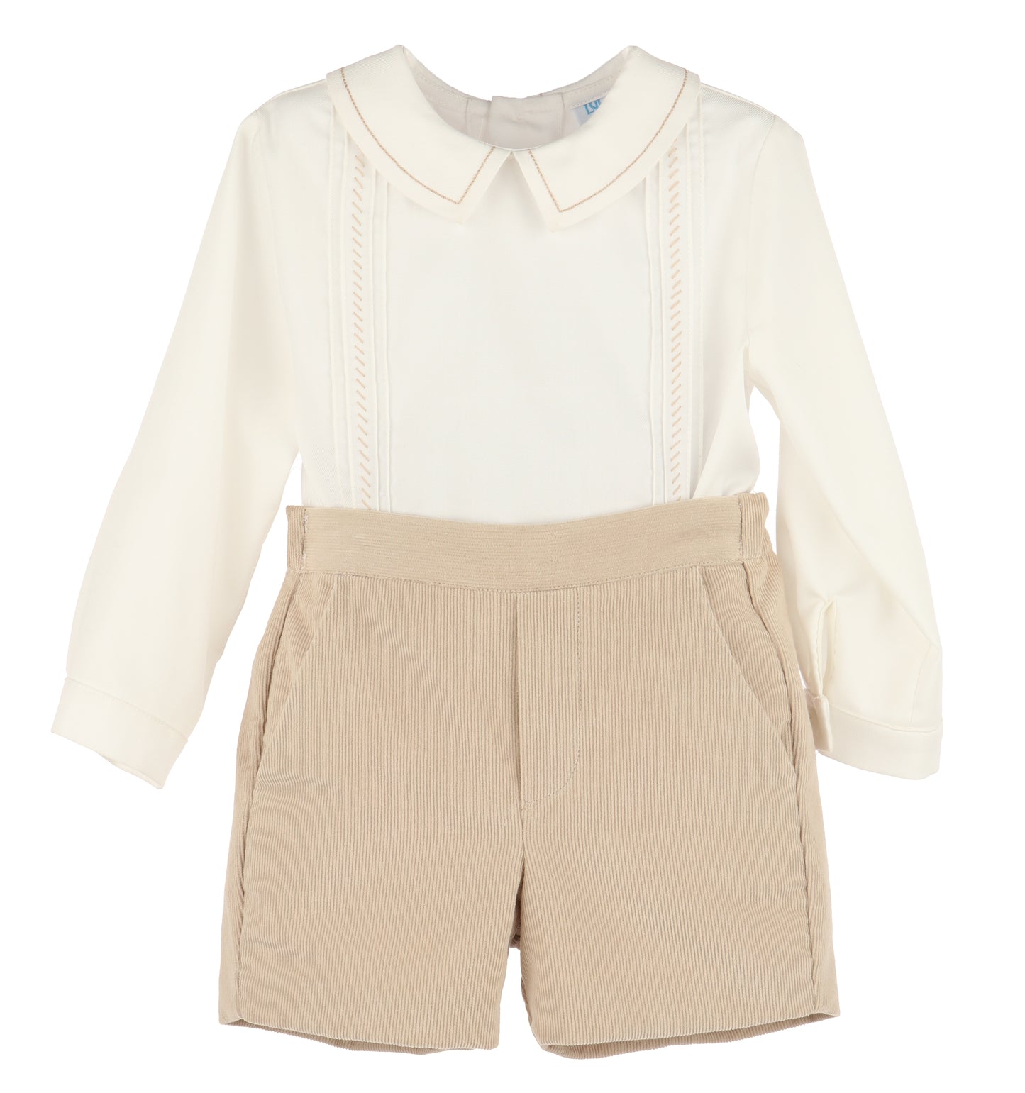 Luli & Me Boys Cozy Cord Shorts Set - Embroidered Shirt - Tan Beige