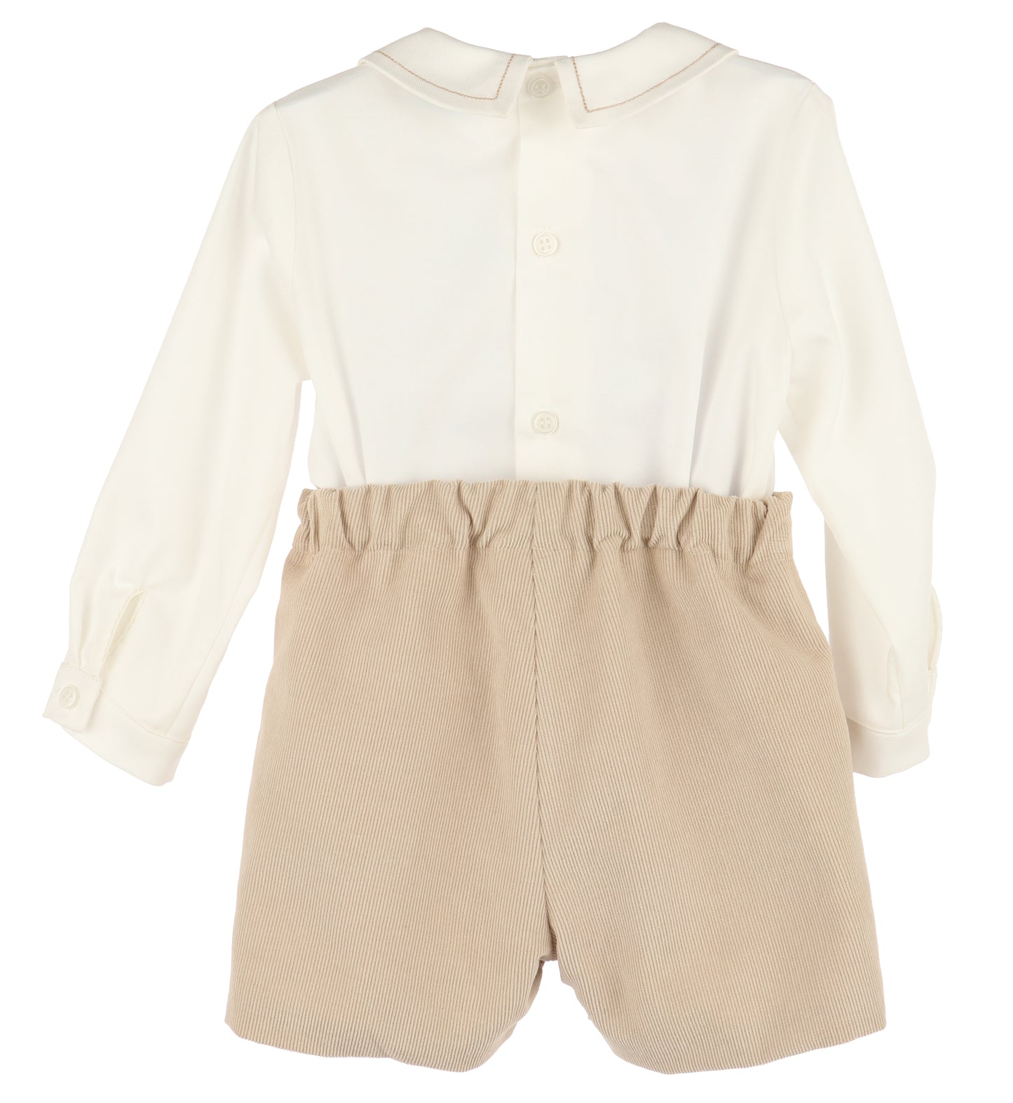 Luli & Me Boys Cozy Cord Shorts Set - Embroidered Shirt - Tan Beige