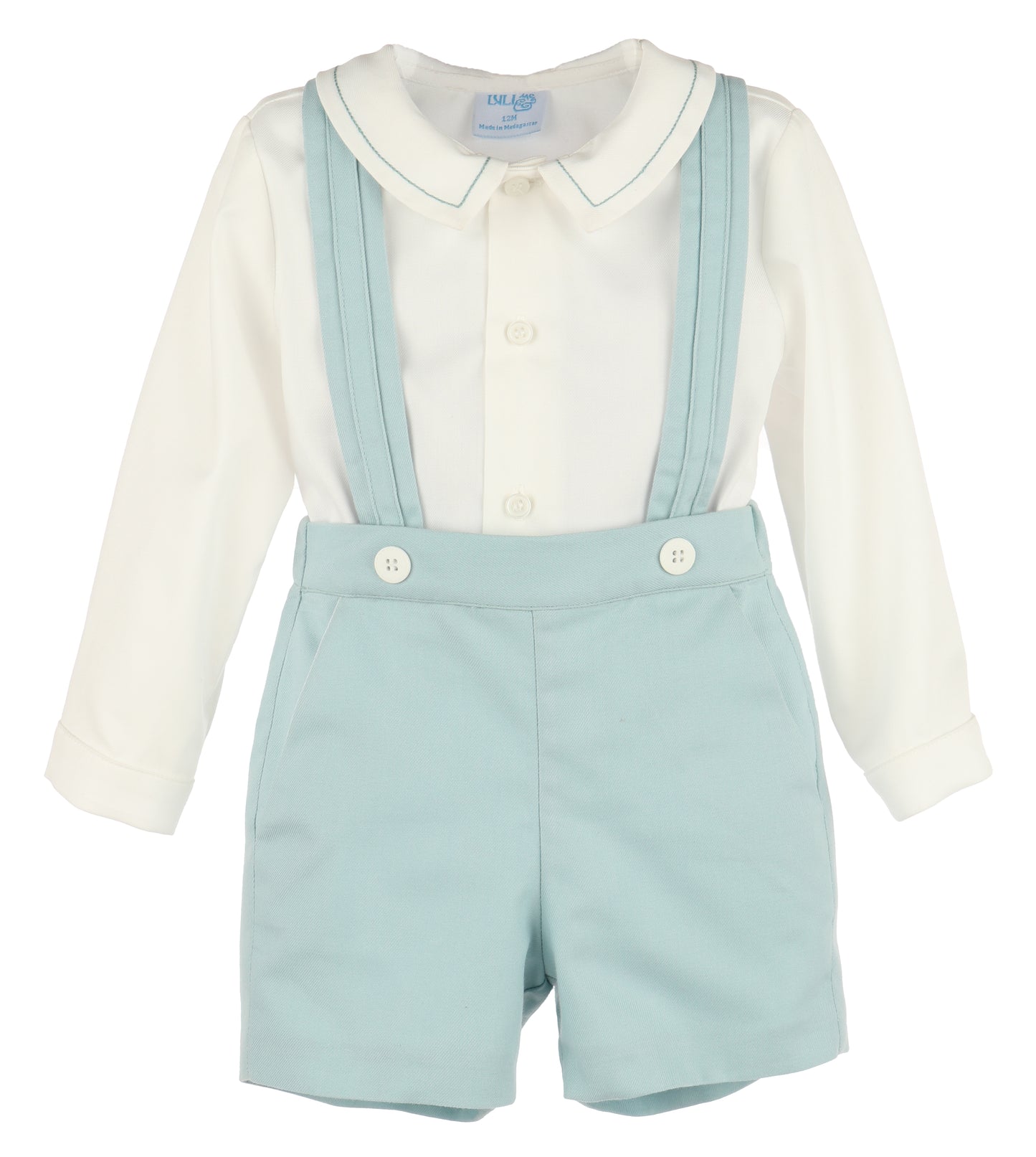 Luli & Me Boys Sage Green Suspender Shorts Set with Trimmed Shirt