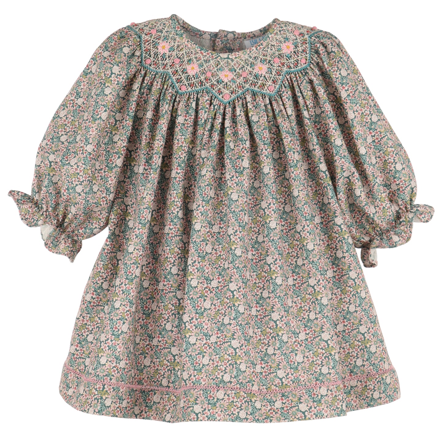 Luli & Me Girls Teal Forest Floral Smocked Bishop Dress