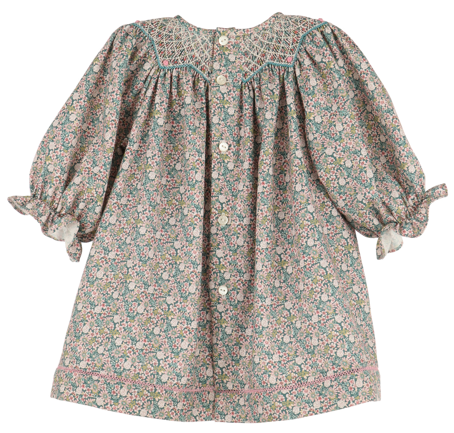 Luli & Me Girls Teal Forest Floral Smocked Bishop Dress