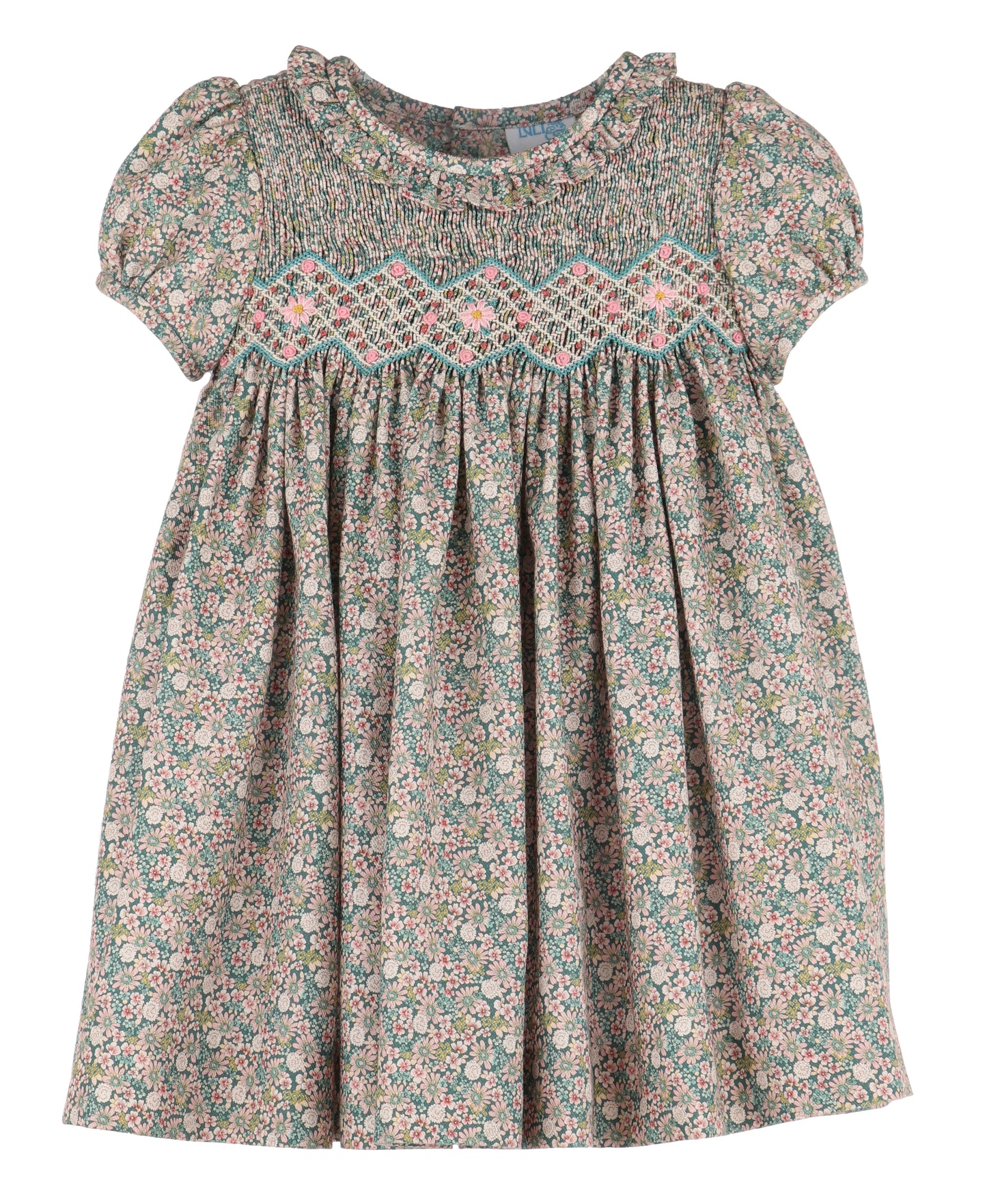 Luli & Me Girls Teal Forest Floral Smocked Dress - Ruffle Collar
