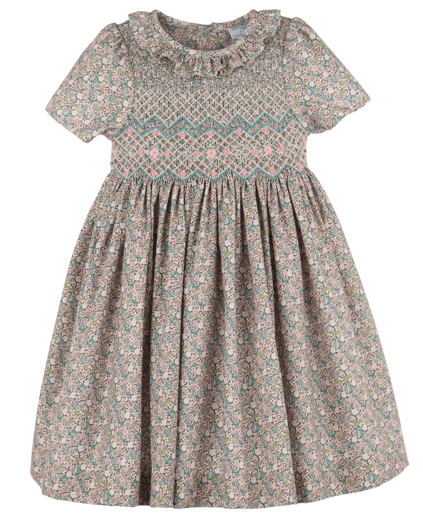 Luli & Me Girls Teal Forest Floral Dress - Fully Smocked Bodice - Ruffle Collar
