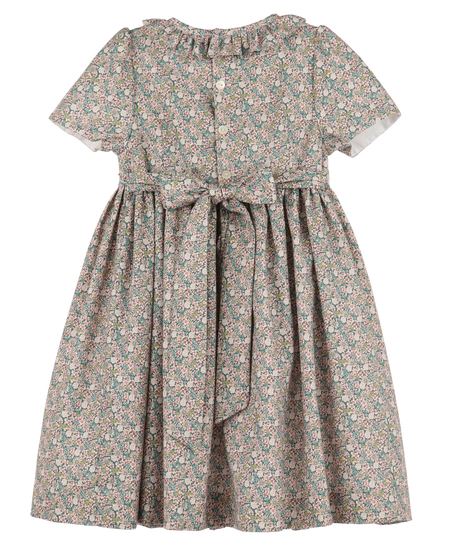 Luli & Me Girls Teal Forest Floral Dress - Fully Smocked Bodice - Ruffle Collar