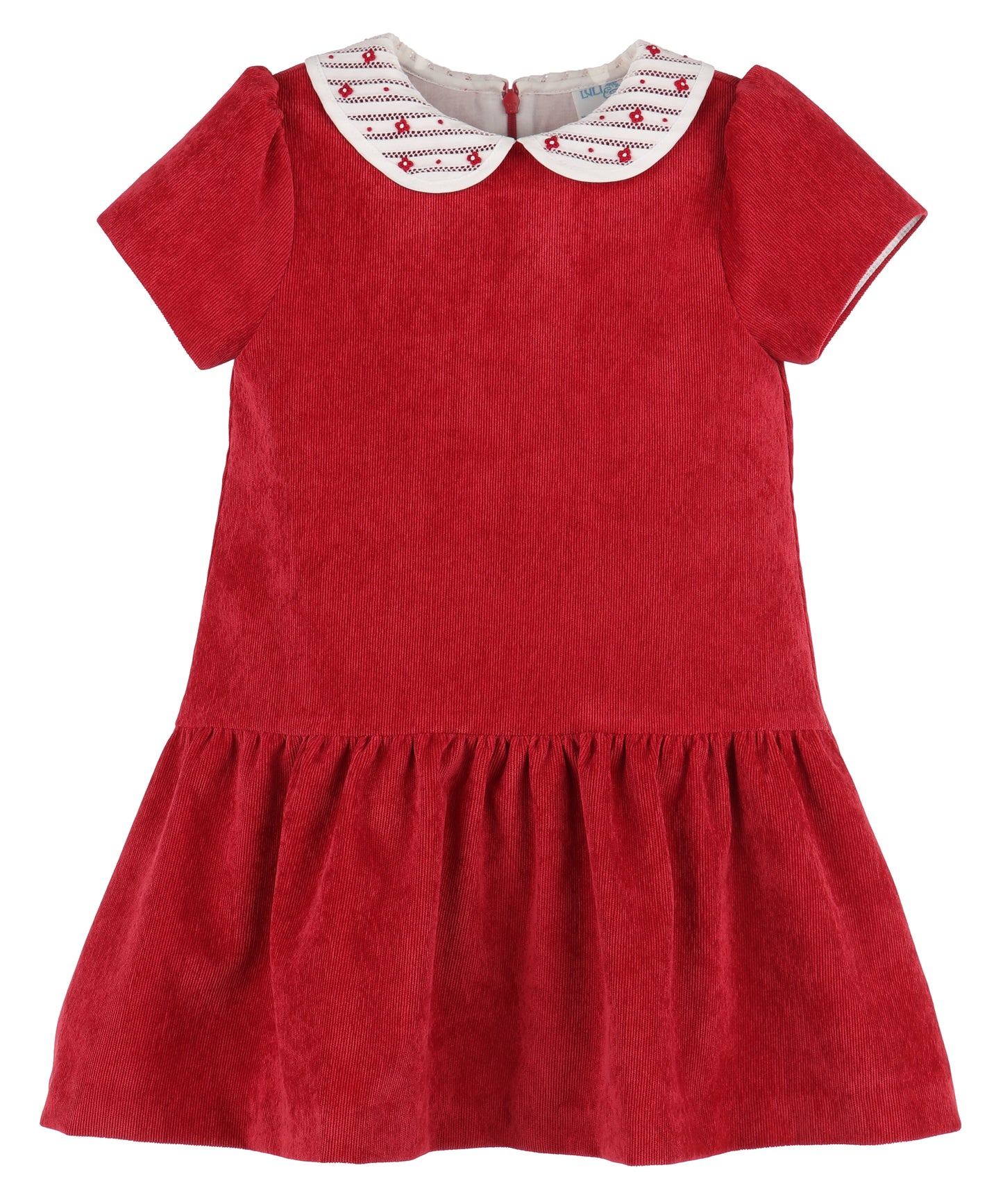 Luli & Me Girls Red Cord Drop Waist Dress - Embroidered Collar
