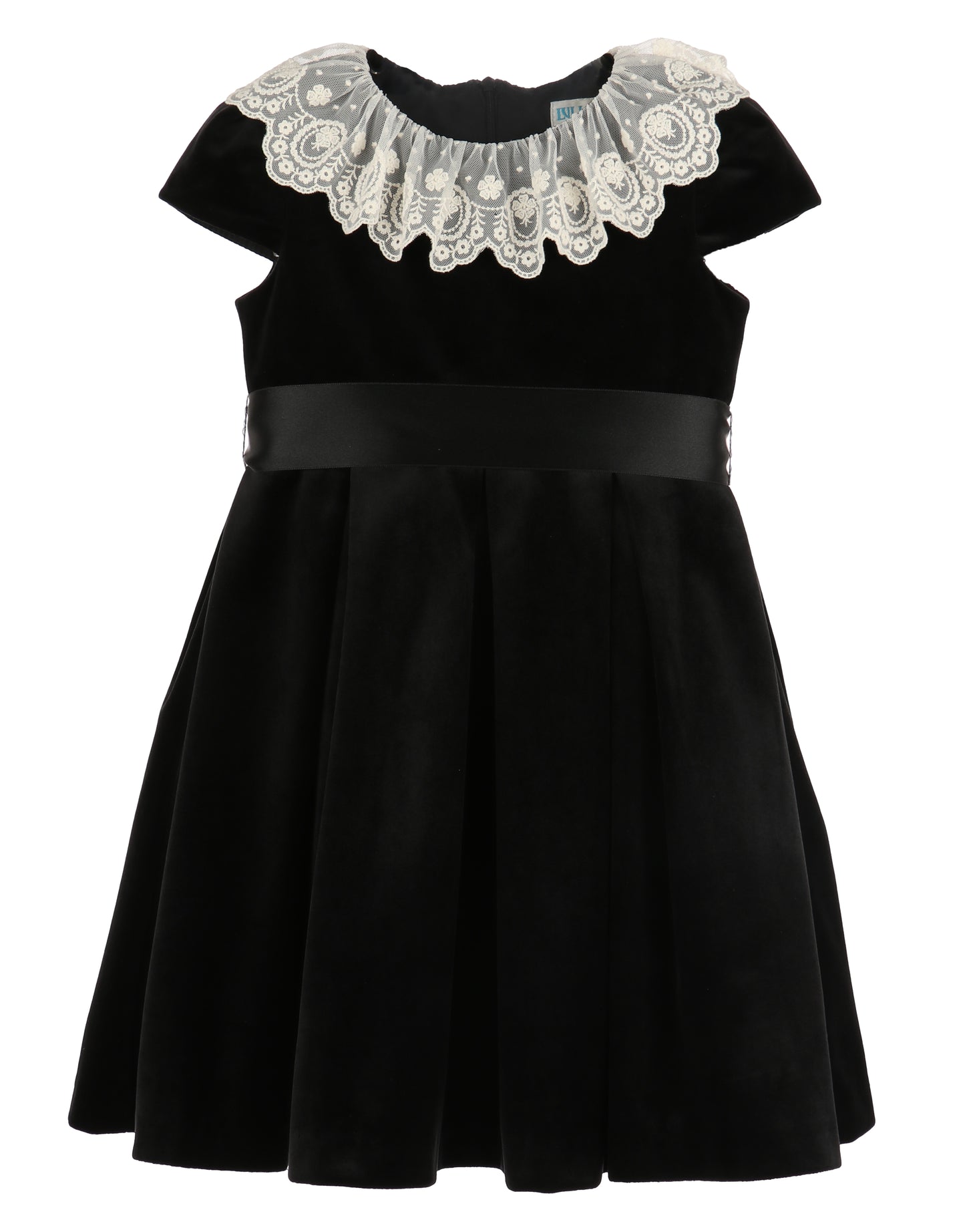 Luli & Me Girls Deluxe Velvet Holiday Party Dress - Lace Collar - Ribbon Sash - Black