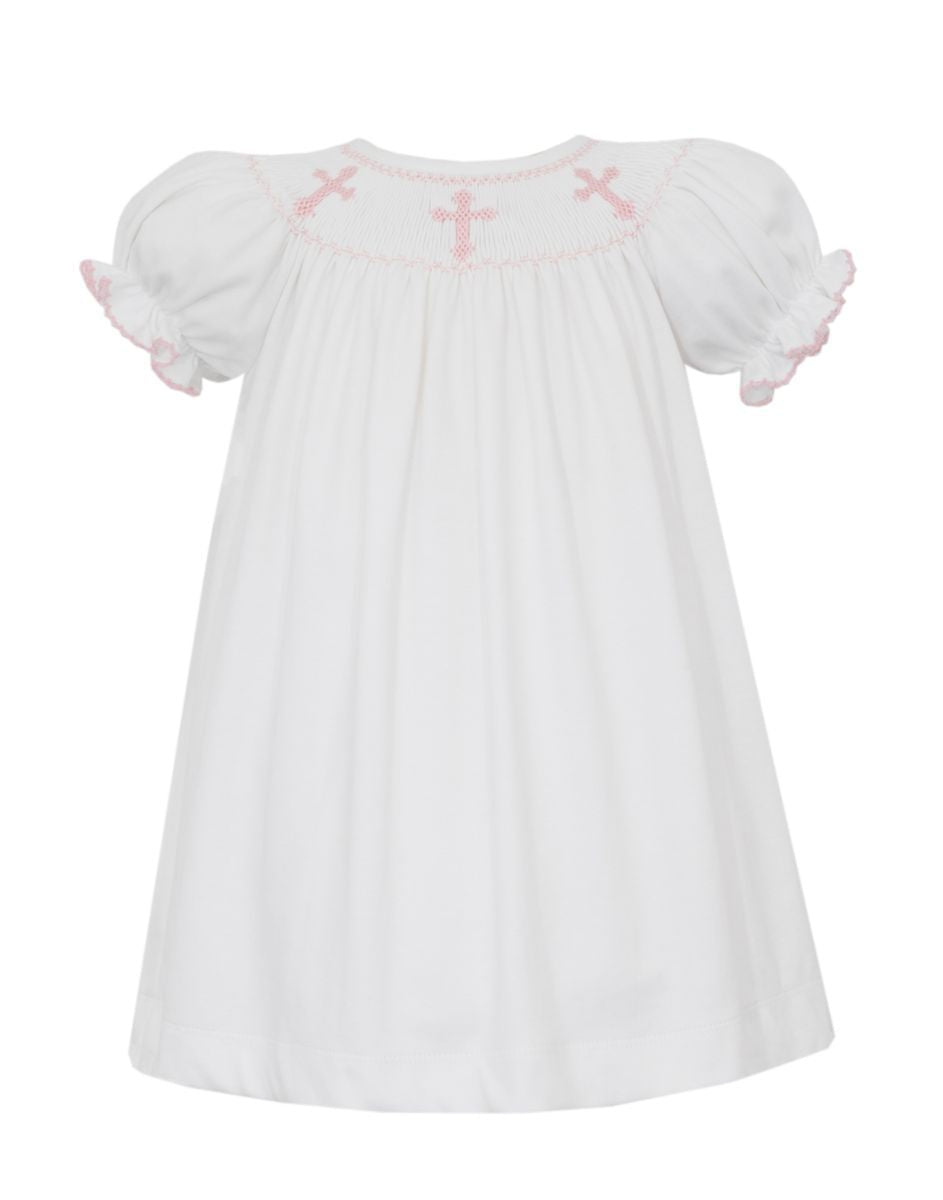 Petit Bebe Knits Girls White Knit Bishop Dress with Pink Crosses by Petit Bebe