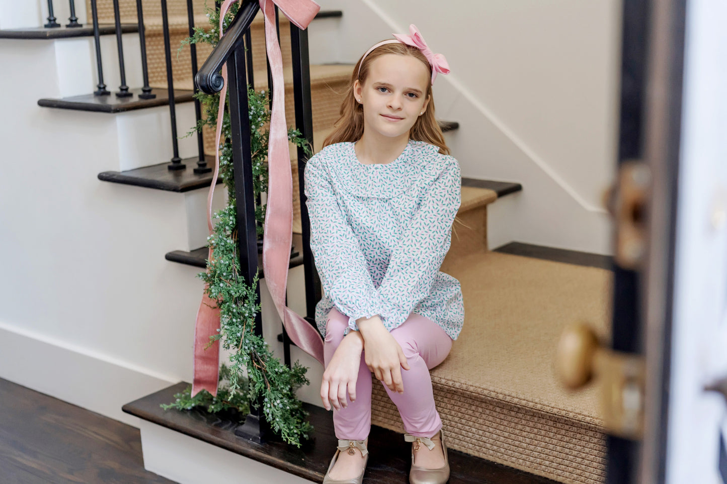 Lila & Hayes Girls Emma Pink Leggings Set - Green Holly Holiday Top by Lila & Hayes