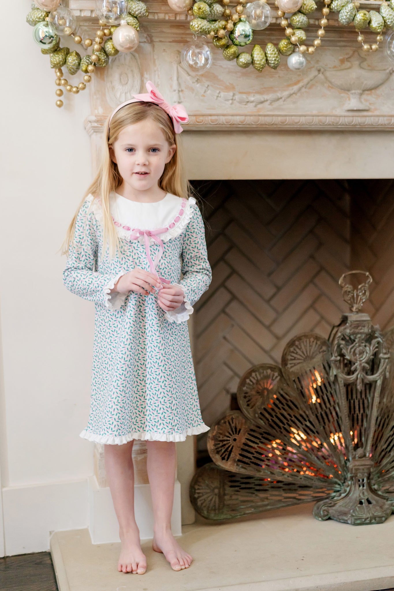 Lila & Hayes Girls Emersyn Dress - Green Holly Holiday with Pink Ribbon Trim by Lila & Hayes