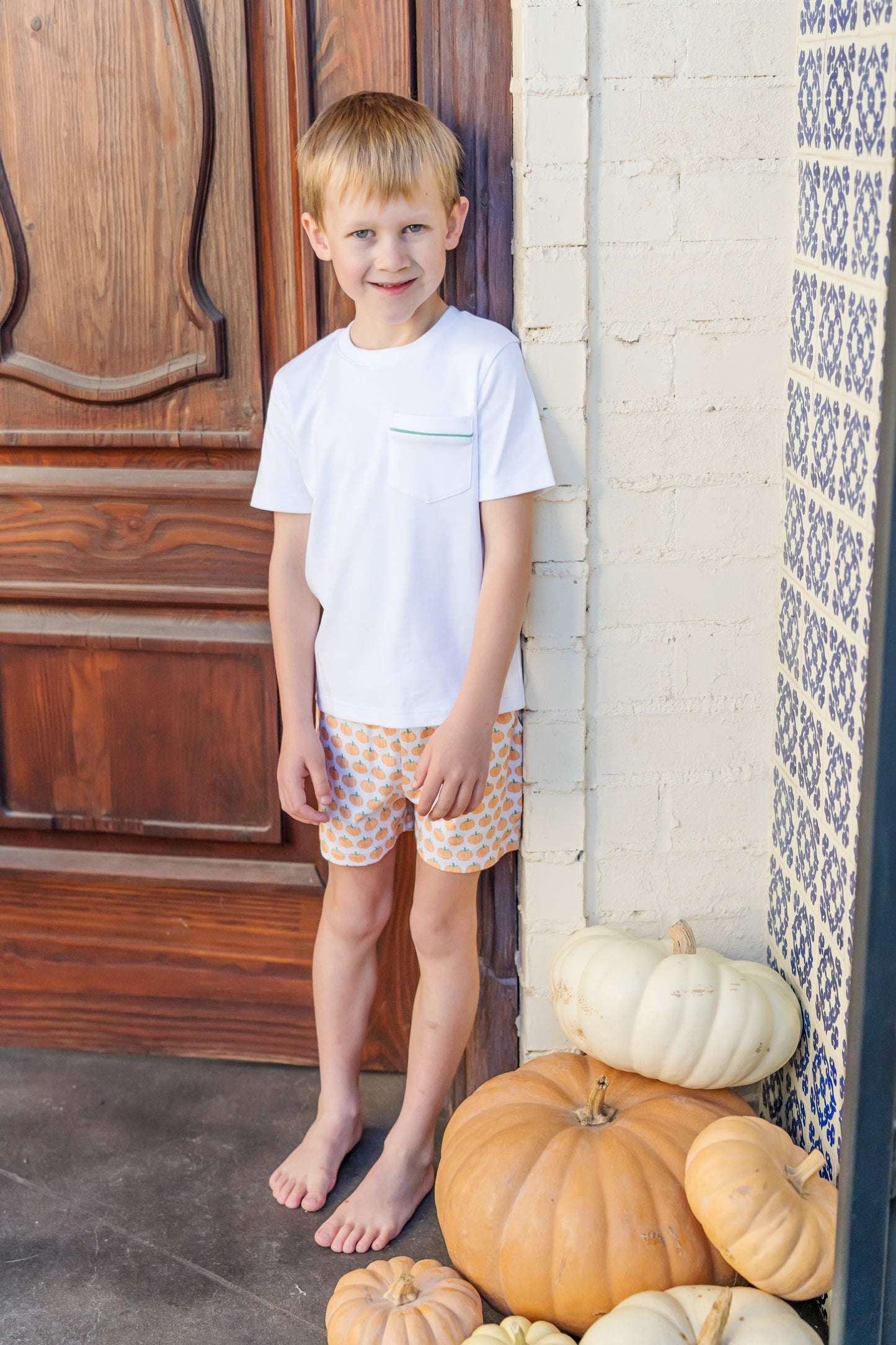 Lila & Hayes Toddler Boys Walker Shorts Set - Orange Harvest Pumpkins
