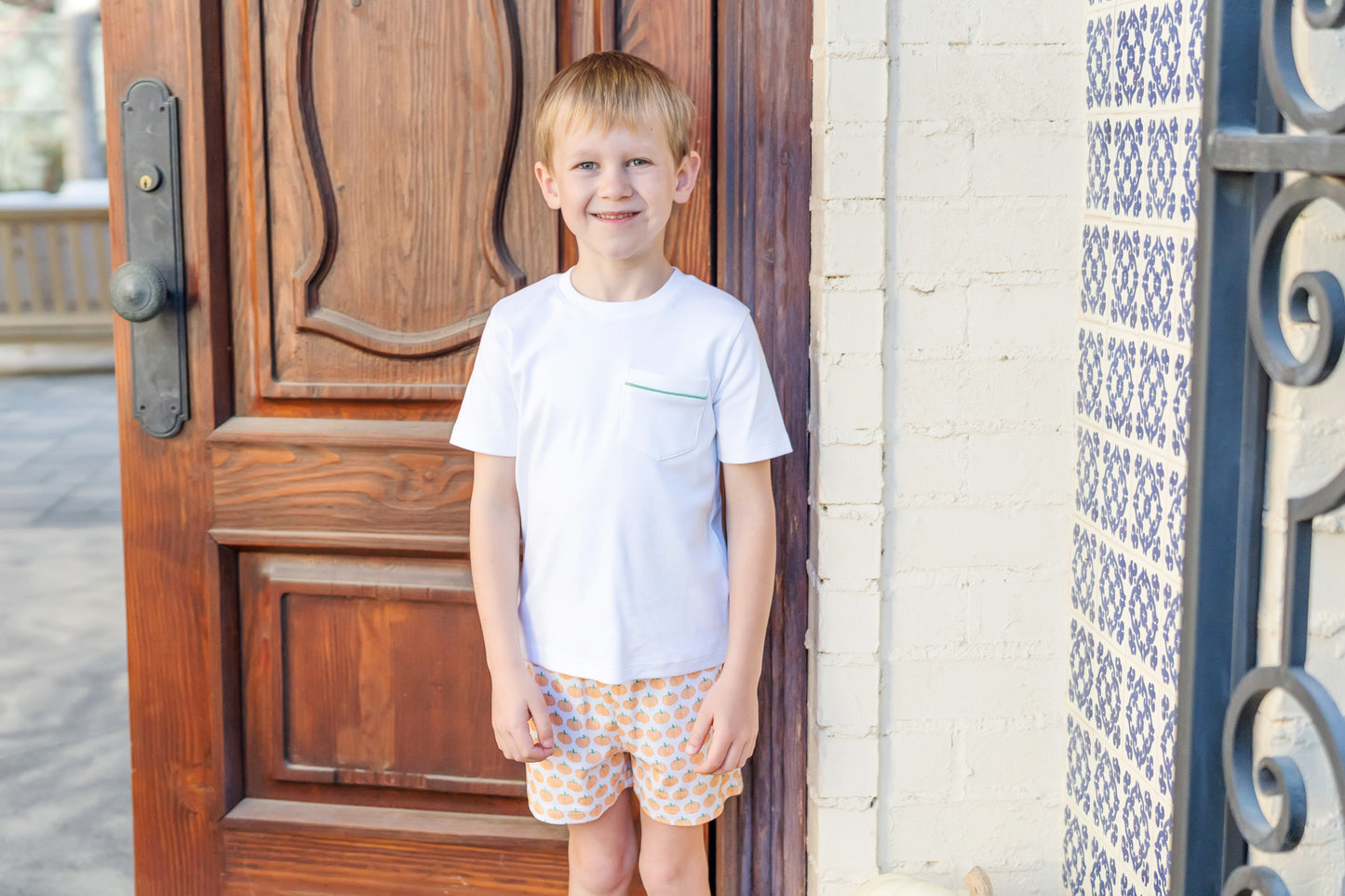 Lila & Hayes Toddler Boys Walker Shorts Set - Orange Harvest Pumpkins