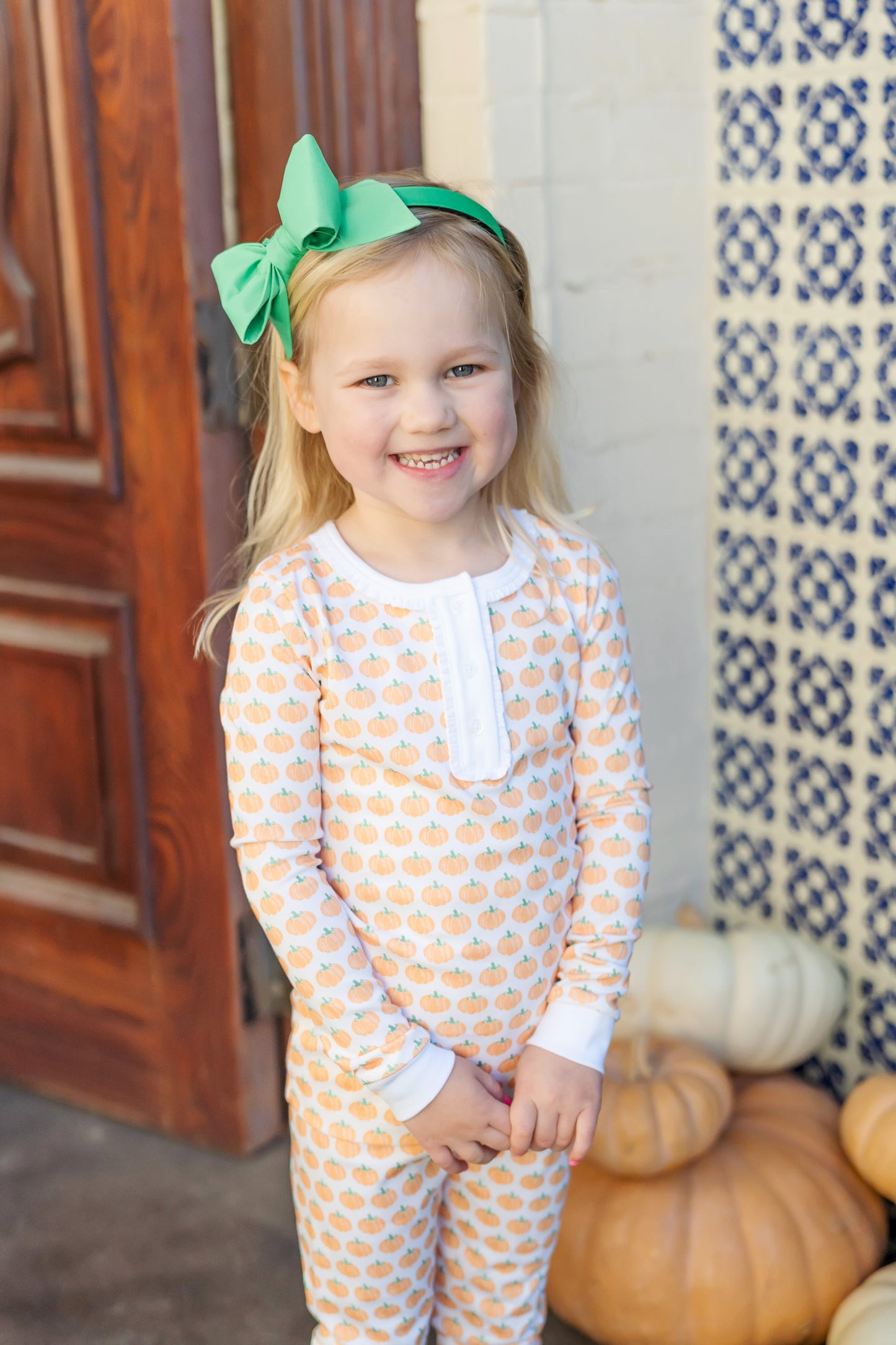 Lila & Hayes Girls Alden Pajamas Set - Orange Harvest Pumpkins