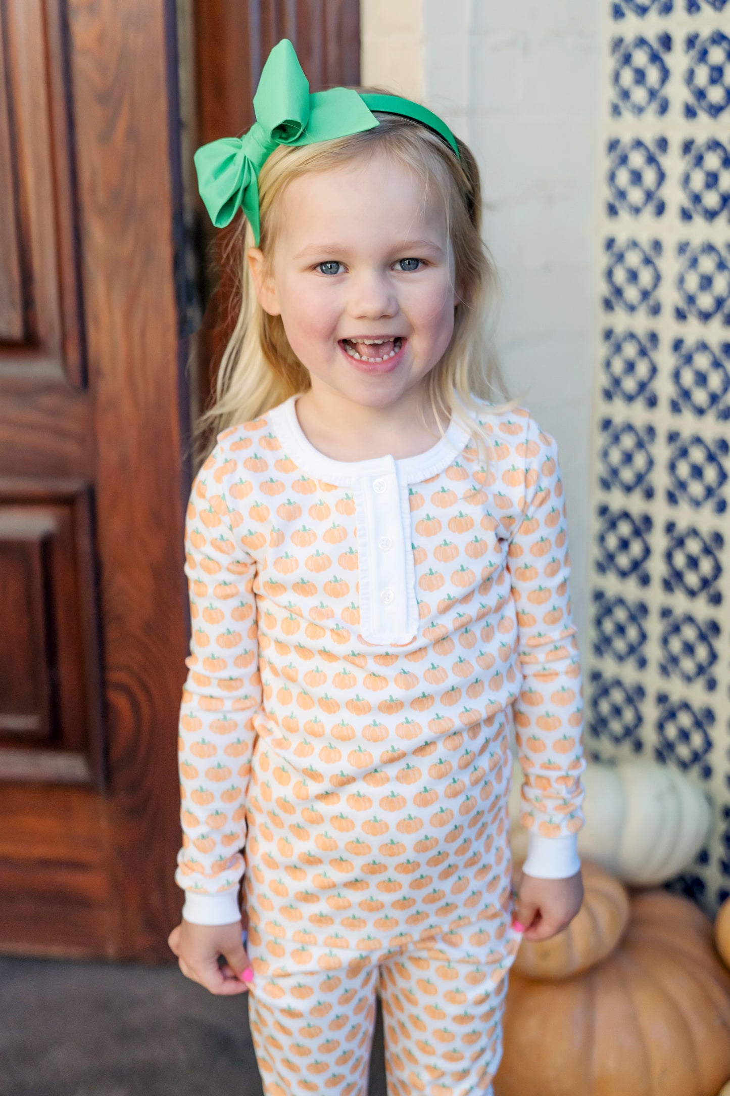 Lila & Hayes Girls Alden Pajamas Set - Orange Harvest Pumpkins