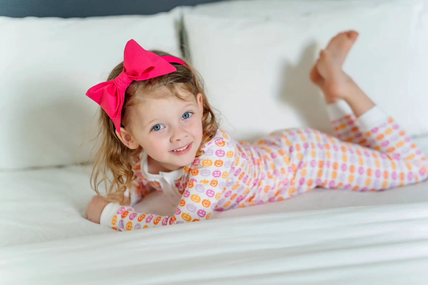 Lila & Hayes Girls Alden Pajamas Set - Pink & Orange Preppy Pumpkins
