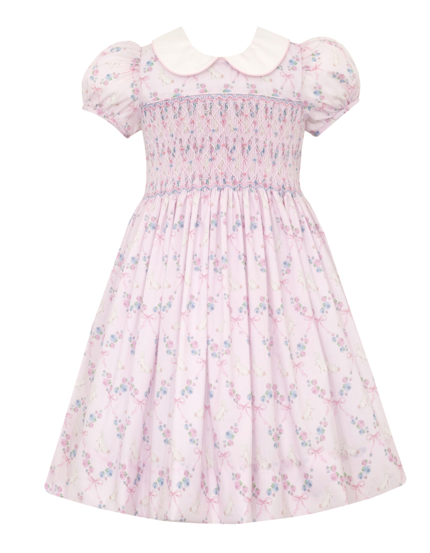 Anavini Girls Pink Bunny Print Smocked Dress by Anavini