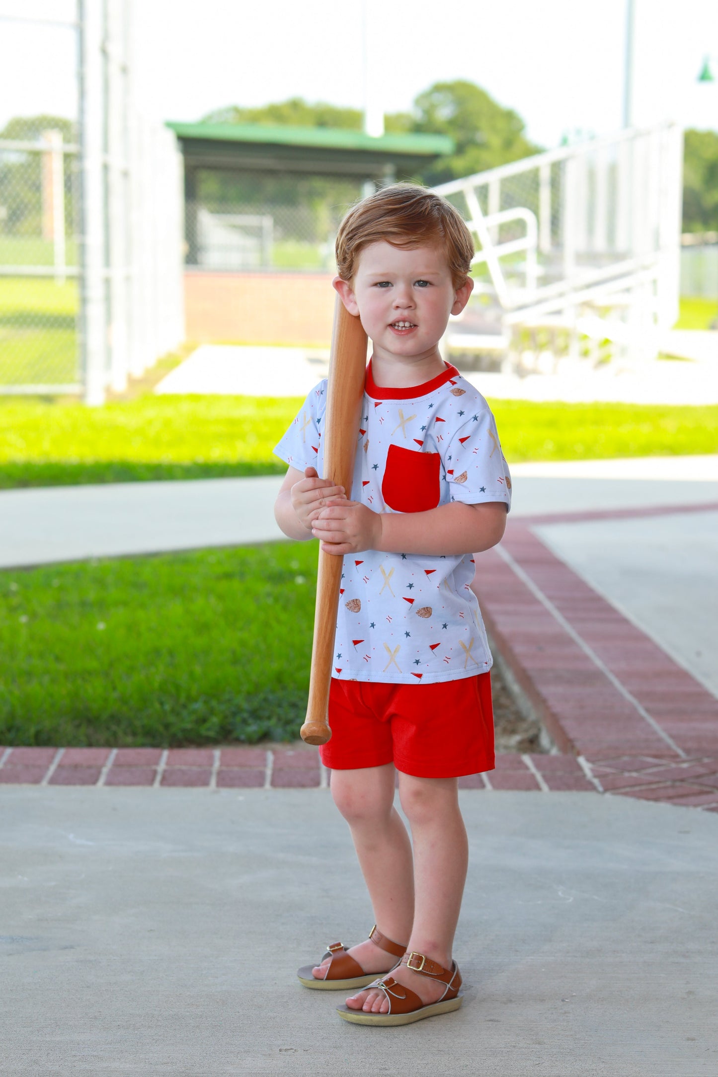 Trotter Street Kids Boys Red Shorts with Blue All Star Baseball Print Shirt by Trotter Street Kids