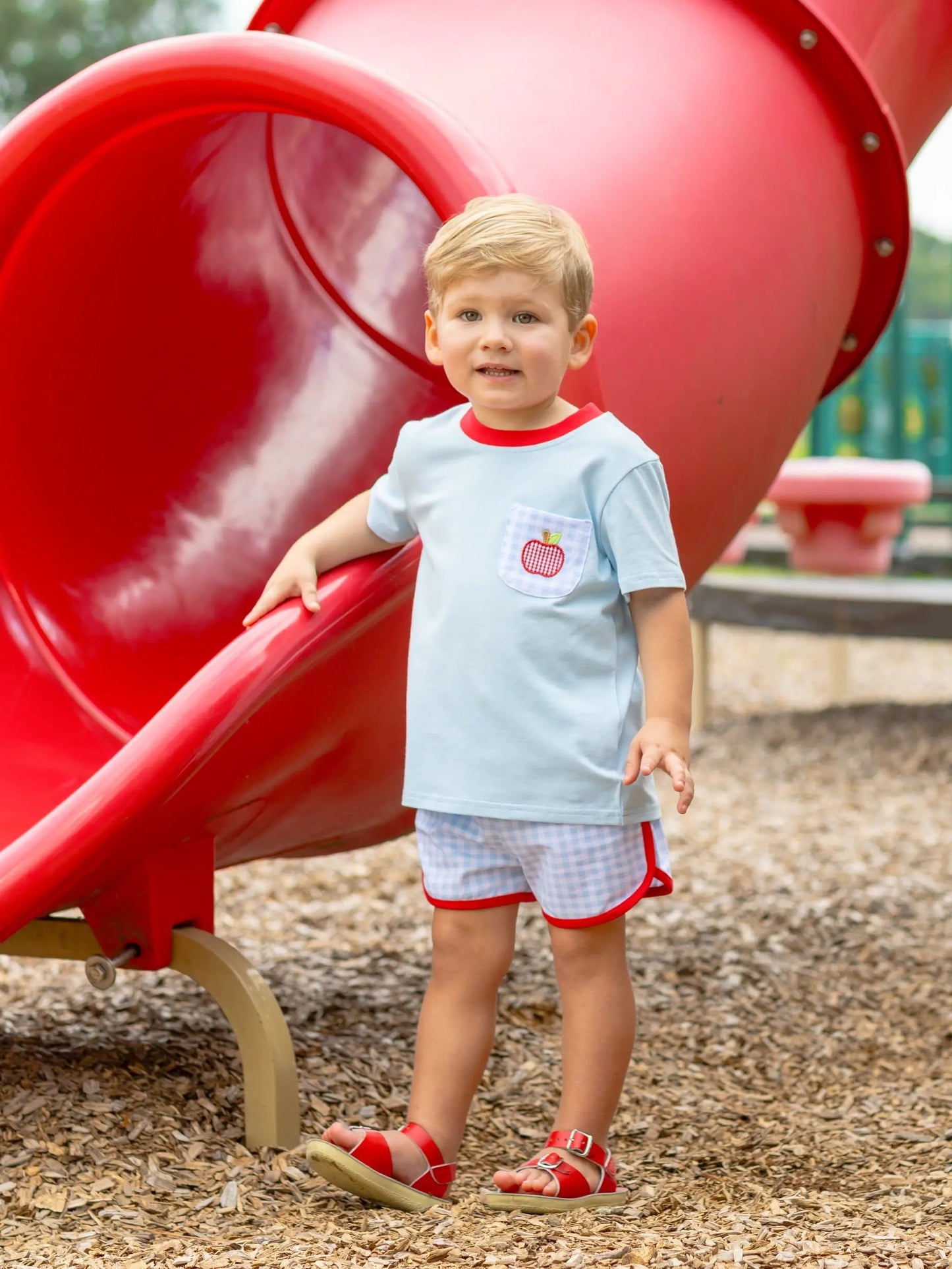 Trotter Street Kids Boys Blue Red Apple Shorts Set