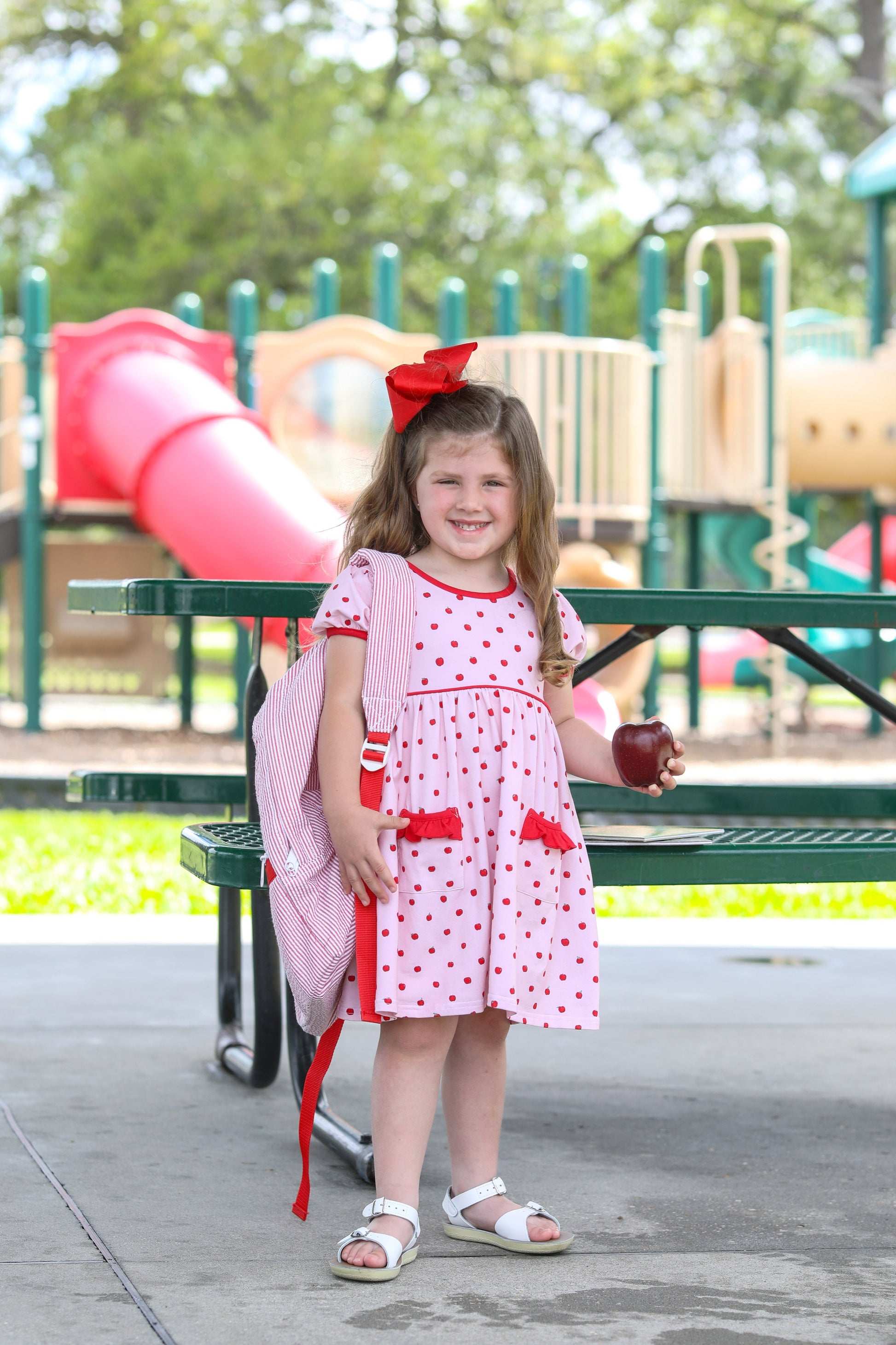 Trotter Street Kids Girls Pink Apple Print Pocket Dress
