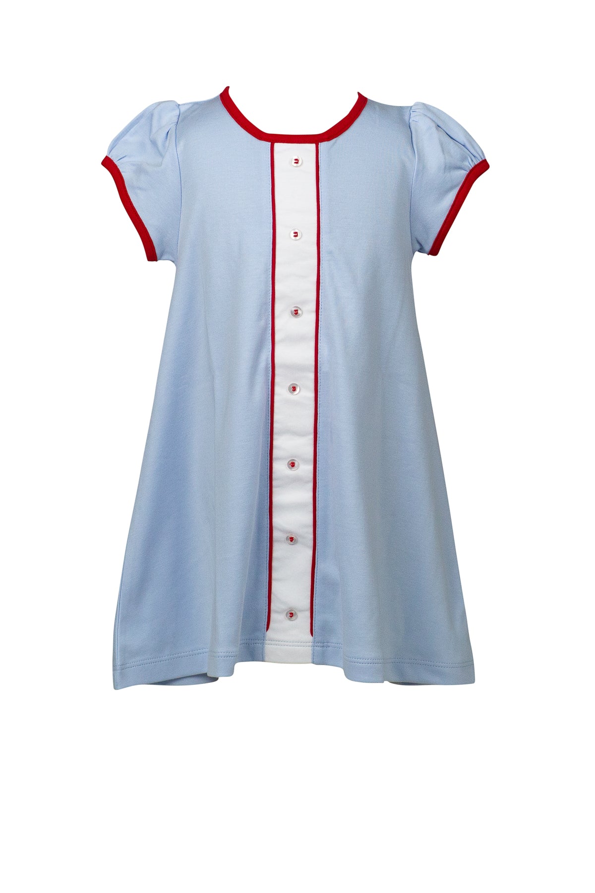 Proper Peony Pima Girls Blue A-Line Dress - Red Trim