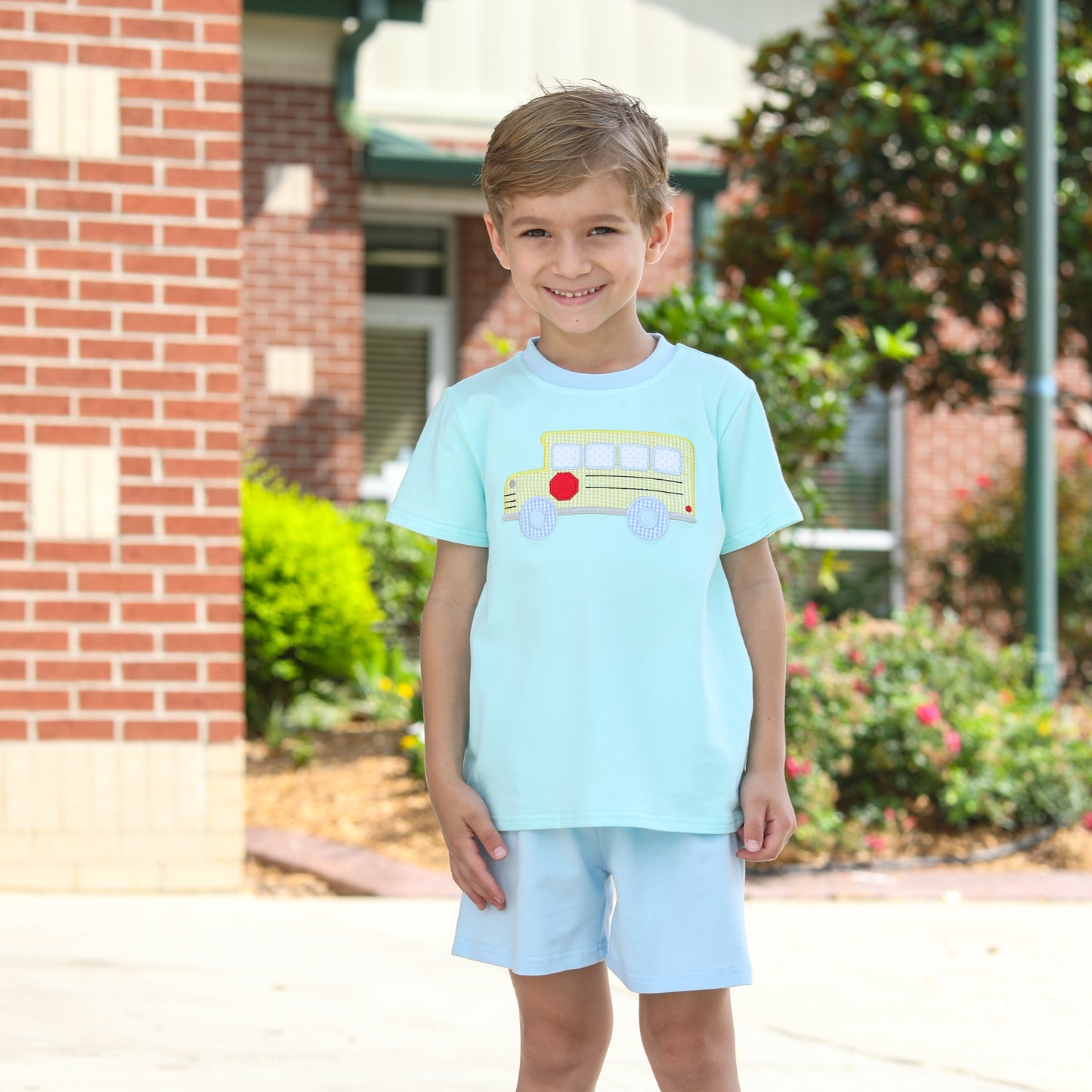 Trotter Street Kids Boys Aqua / Blue Yellow School Bus Shorts Set